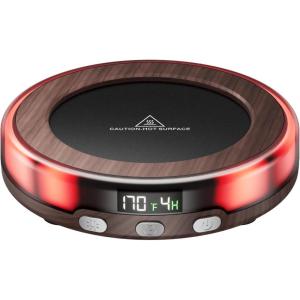 imageGaiatop Coffee Mug Warmer for Desk 3 Temp Settings 29Hrs Timer 3 Colorful Romantic Atmosphere Light Modes Beverage Heating Plate with Digital Display for Candle Tea Milk WoodWood