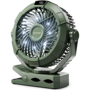 imageGaiatop Portable Camping Fan with LED Lantern 360Rotation and Clip on for Desk 4000mAh USB Rechargeable Battery Powered Digital Display and Hanging Hook for Tent Outdoor Travel Bedroom BlackGreen
