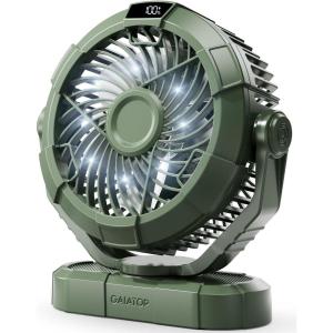 imageGaiatop Portable Camping Fan with LED Lantern Power Display 360 Head Rotation Hanging Hook for Tent 3 Speed Quiet Rechargeable 4000mAh Battery Operated USB Fans for Indoor Outdoor Travel BlackGreen