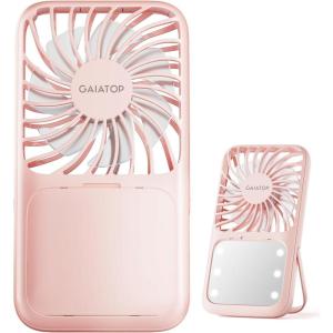 imageGaiatop Portable Handheld Fan Folding Stand for Desktop 3 Speed LED Makeup Mirror with Light Rechargeable Mini Personal Fans Small Travel Essentials Gifts for Women Girls WhitePink
