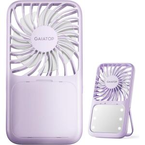 imageGaiatop Portable Handheld Fan Folding Stand for Desktop 3 Speed LED Makeup Mirror with Light Rechargeable Mini Personal Fans Small Travel Essentials Gifts for Women Girls WhitePurple