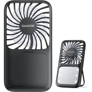 imageGaiatop Portable Handheld Fan Folding Stand for Desktop 3 Speed LED Makeup Mirror with Light Rechargeable Mini Personal Fans Small Travel Essentials Gifts for Women Girls WhiteBlack