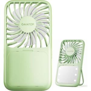 imageGaiatop Portable Handheld Fan Folding Stand for Desktop 3 Speed LED Makeup Mirror with Light Rechargeable Mini Personal Fans Small Travel Essentials Gifts for Women Girls WhiteGreen