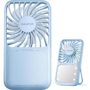 imageGaiatop Portable Handheld Fan Folding Stand for Desktop 3 Speed LED Makeup Mirror with Light Rechargeable Mini Personal Fans Small Travel Essentials Gifts for Women Girls WhiteBlue