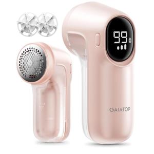imageGaiatop Rechargeable Fabric Shaver 3Speeds Electric Lint Remover Shaver with LED Display 6 Leaf Blade Sweater Depiller for Clothes Furniture Couch Pills Fuzz Balls WhitePink
