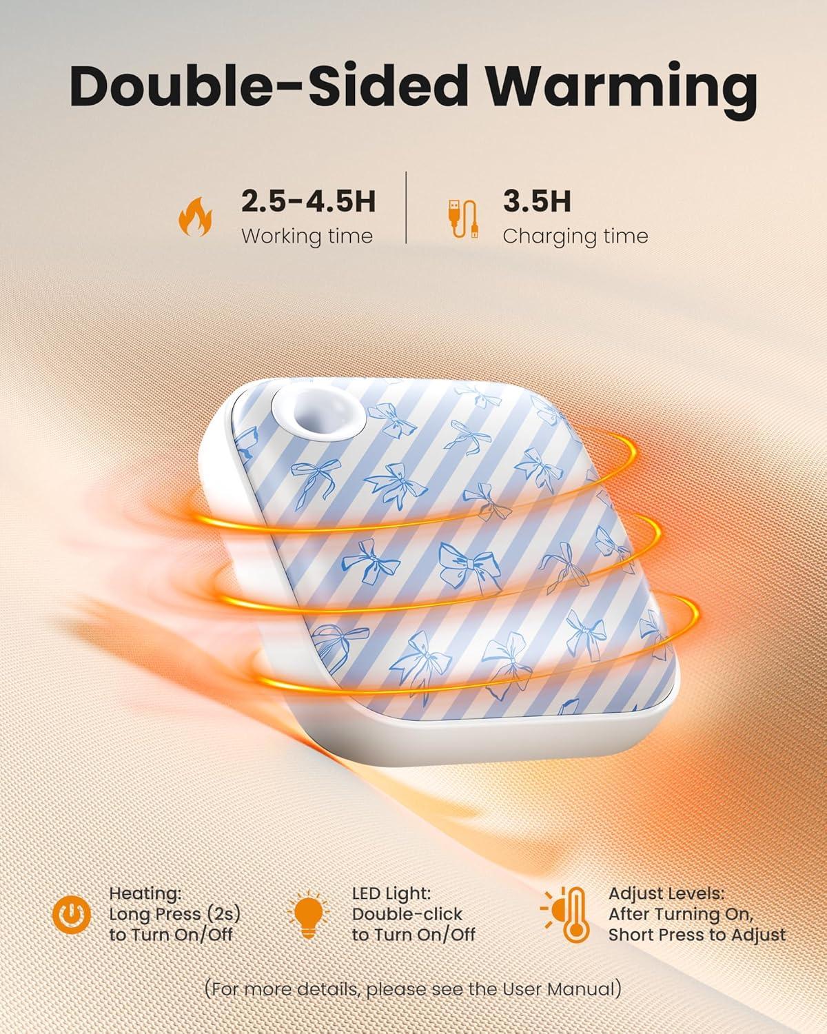 imageGaiatop Hand Warmers Rechargeable 3 Heat Settings 4000mAh DoubleSided Hot Hands with LightStrap Cute PalmSized Portable Pocket Electric Heater Reusable Outdoor Gifts for Women MenBlue Ribbon