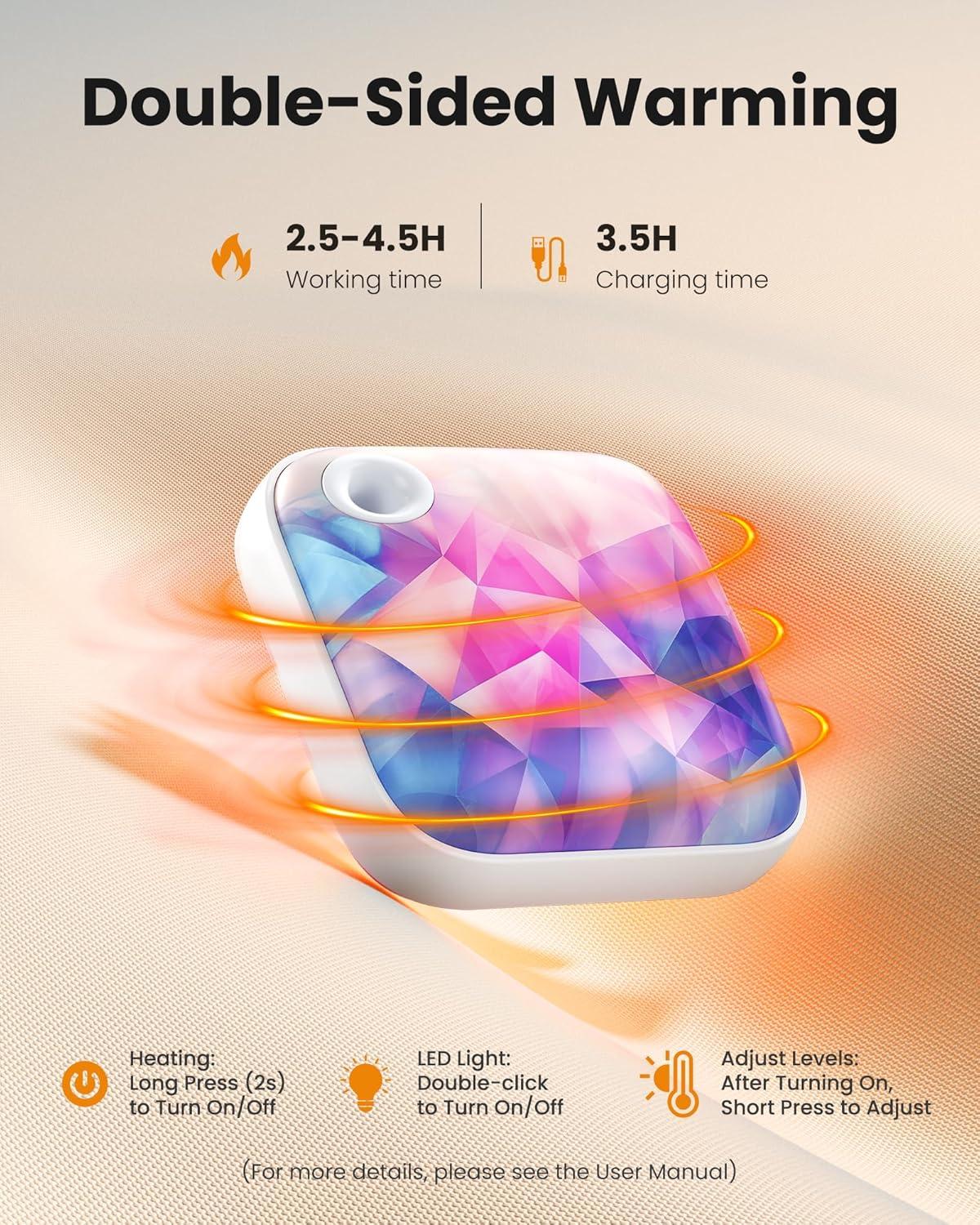 imageGaiatop Hand Warmers Rechargeable 3 Heat Settings 4000mAh DoubleSided Hot Hands with LightStrap Cute PalmSized Portable Pocket Electric Heater Reusable Outdoor Gifts for Women MenPastel Prism