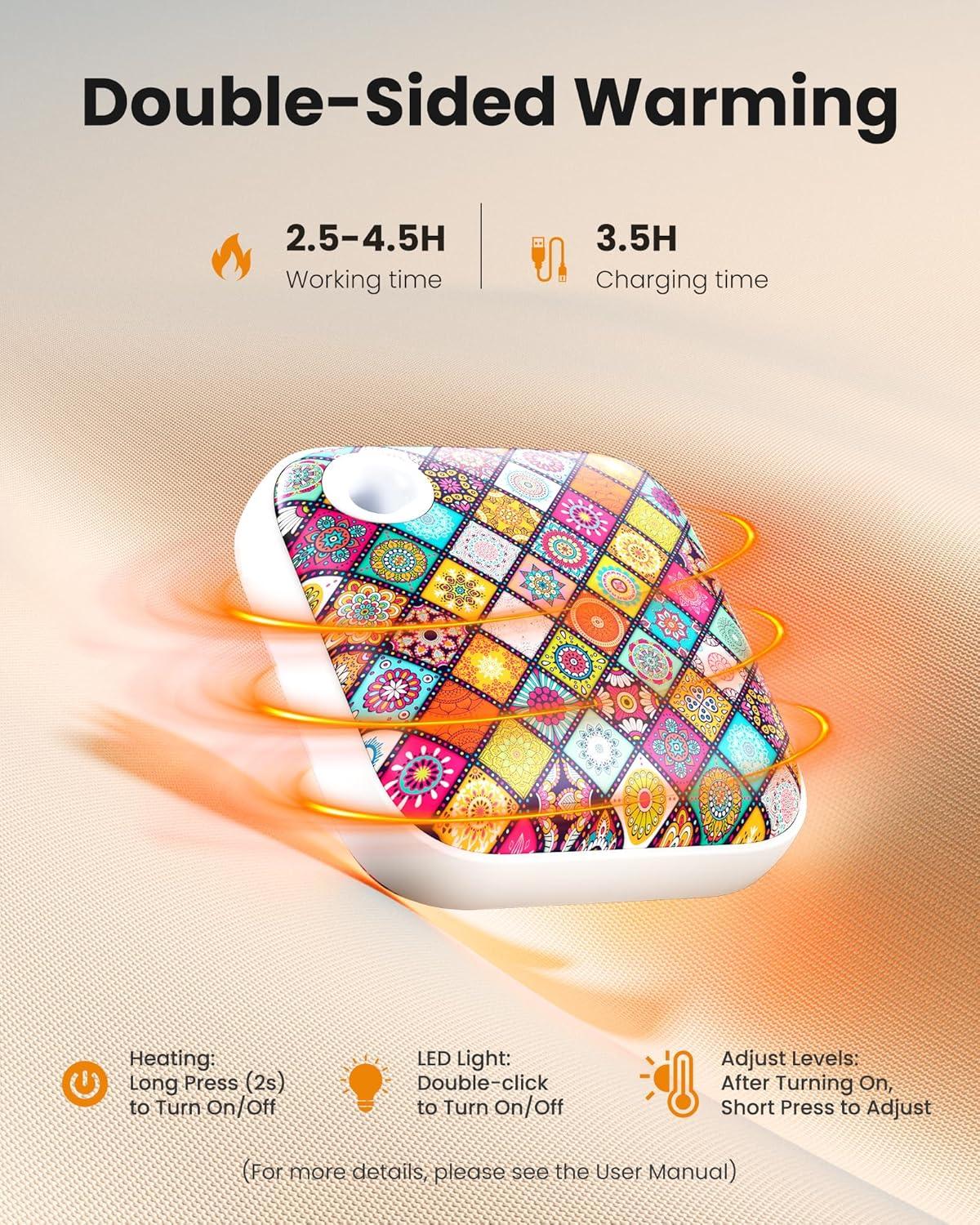 imageGaiatop Hand Warmers Rechargeable 3 Heat Settings 4000mAh DoubleSided Hot Hands with LightStrap Cute PalmSized Portable Pocket Electric Heater Reusable Outdoor Gifts for Women MenMandala Bloom