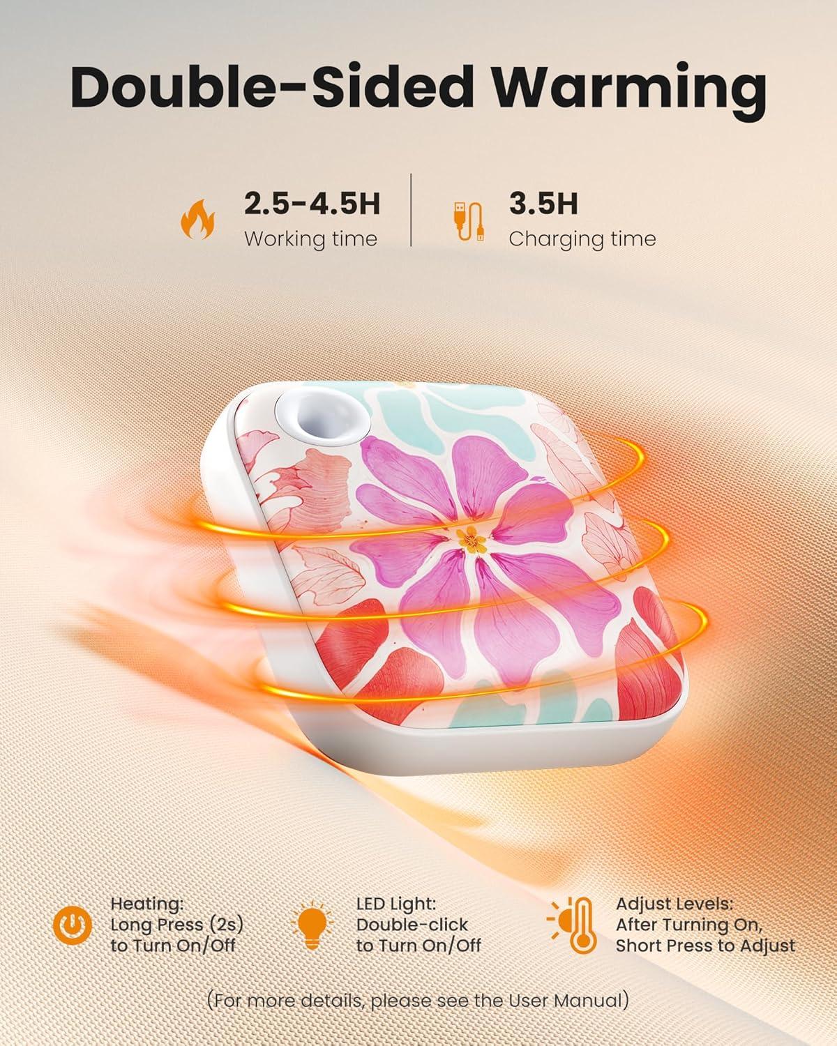 imageGaiatop Hand Warmers Rechargeable 3 Heat Settings 4000mAh DoubleSided Hot Hands with LightStrap Cute PalmSized Portable Pocket Electric Heater Reusable Outdoor Gifts for Women MenTropical Blossom